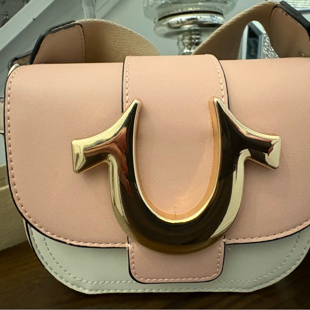 True Religion Pink and Cream Crossbody Bag with Gold Detail